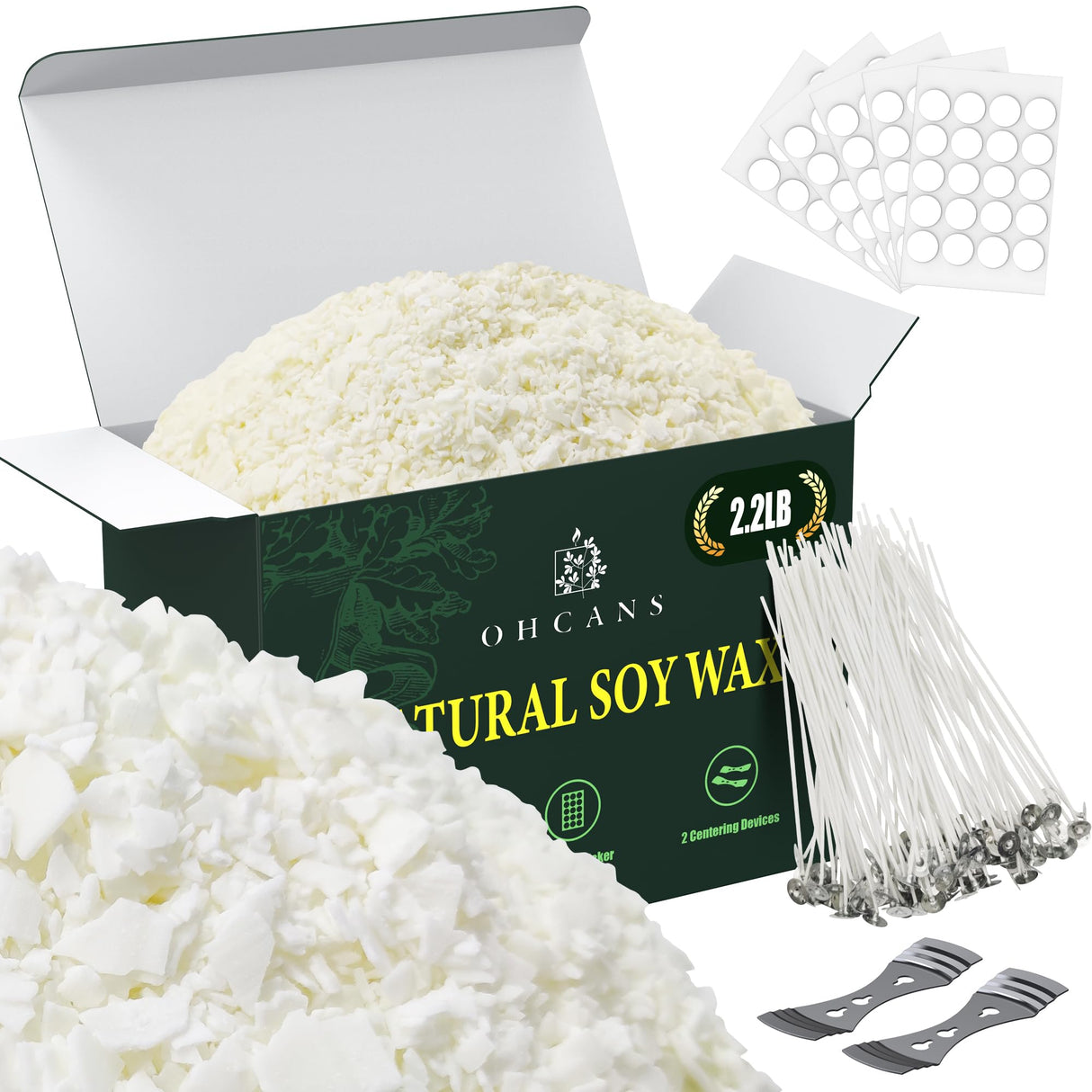 Ohcans Premium Soy Wax for Candle Making, 2.2lbs Natural Soy Wax, 100 Cotton Wicks & Holders Ohcans