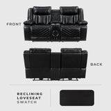 Lexicon Wall Hugger Power Double Reclining Loveseat with Console, Faux Leather Home Theater Seating with LED Lighting, Charging Ports, Bluetooth Speaker Wireless, Cup Holders, Hidden Storage, Black Lexicon