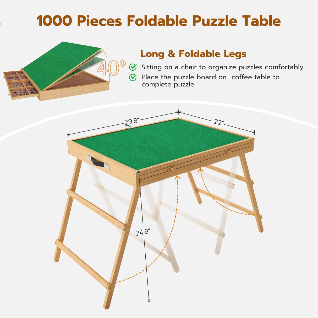 UPVERCY 3-in-1 Folding & Tilting & High 1500 Pieces Puzzle Table with Drawers, 27.7" H Tall Puzzle Board with Protective Cover for Adults- 34.1" x 26" Wooden Puzzle Table with Legs upvercy