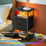 KKL Tall Nightstand with Charging Station and LED Lights, Bedside Table with Fabric Drawers, Open Shelves Storage for Bedroom, Black KKL