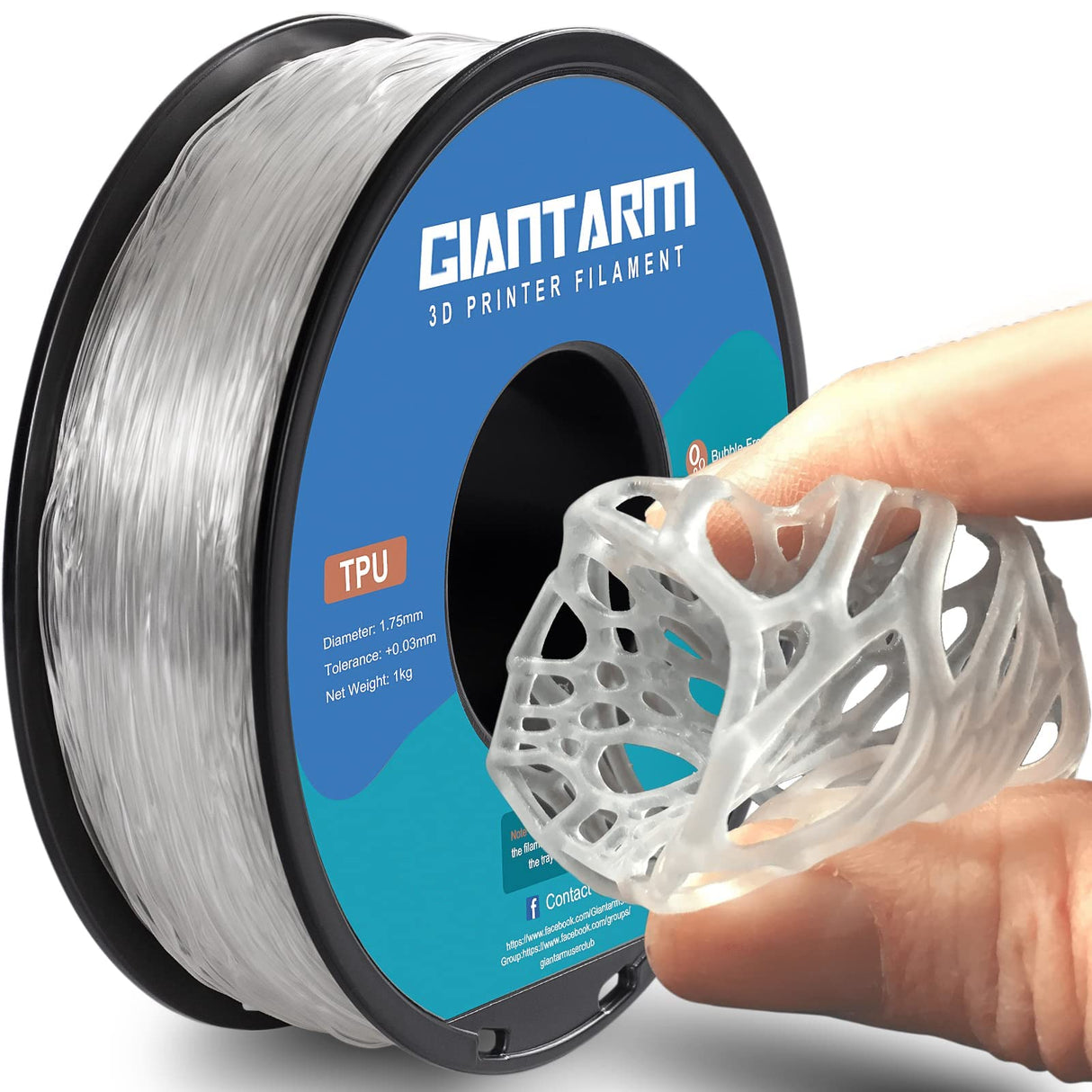 GIANTARM TPU Filament, 95A TPU Filament 1.75mm, Dimensional Accuracy +/- 0.03, Flexible Soft 3D Printer Filament 1kg Spool(2.2 lbs), Vacuum Packaging (Clear) GIANTARM
