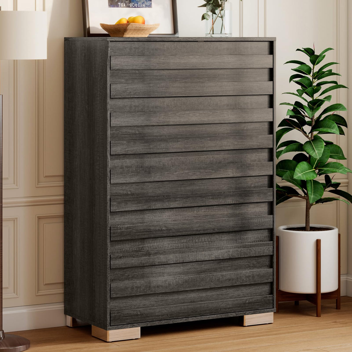 Albott Farmhouse 5 Drawers Dresser, Wood Rustic Chest of Drawers for Bedroom, Tall Dressers Organizer with Hidden Handles for Living Room, Hallway, Entryway, Rustic Grey Albott