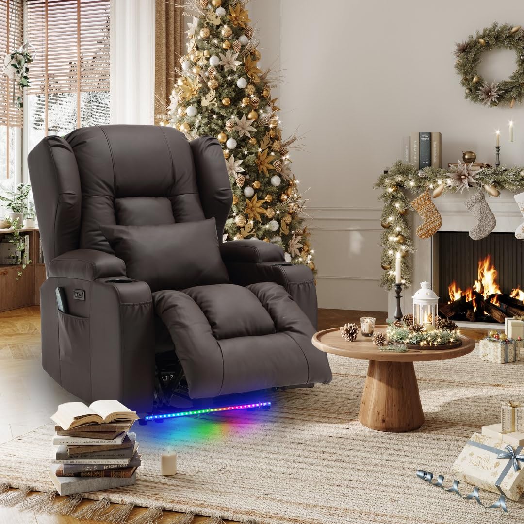 IPKIG Power Recliner Chair for Adult with Massage and Heat - Home Theater Seating Seats Power Movie Gaming Sofa with LED Lights, Cup Holders and Lumbar Pillow for Living Room, Faux Leather, Brown