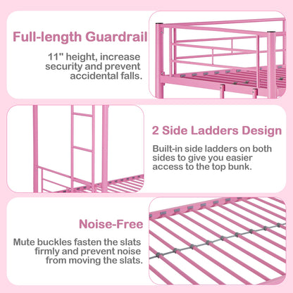 VECELO Bunk Bed Twin Over Twin, Metal Bunkbeds with Ladder and Full-Length Guardrail, No Box Spring Needed, Space Saving, Noise Free, Pink