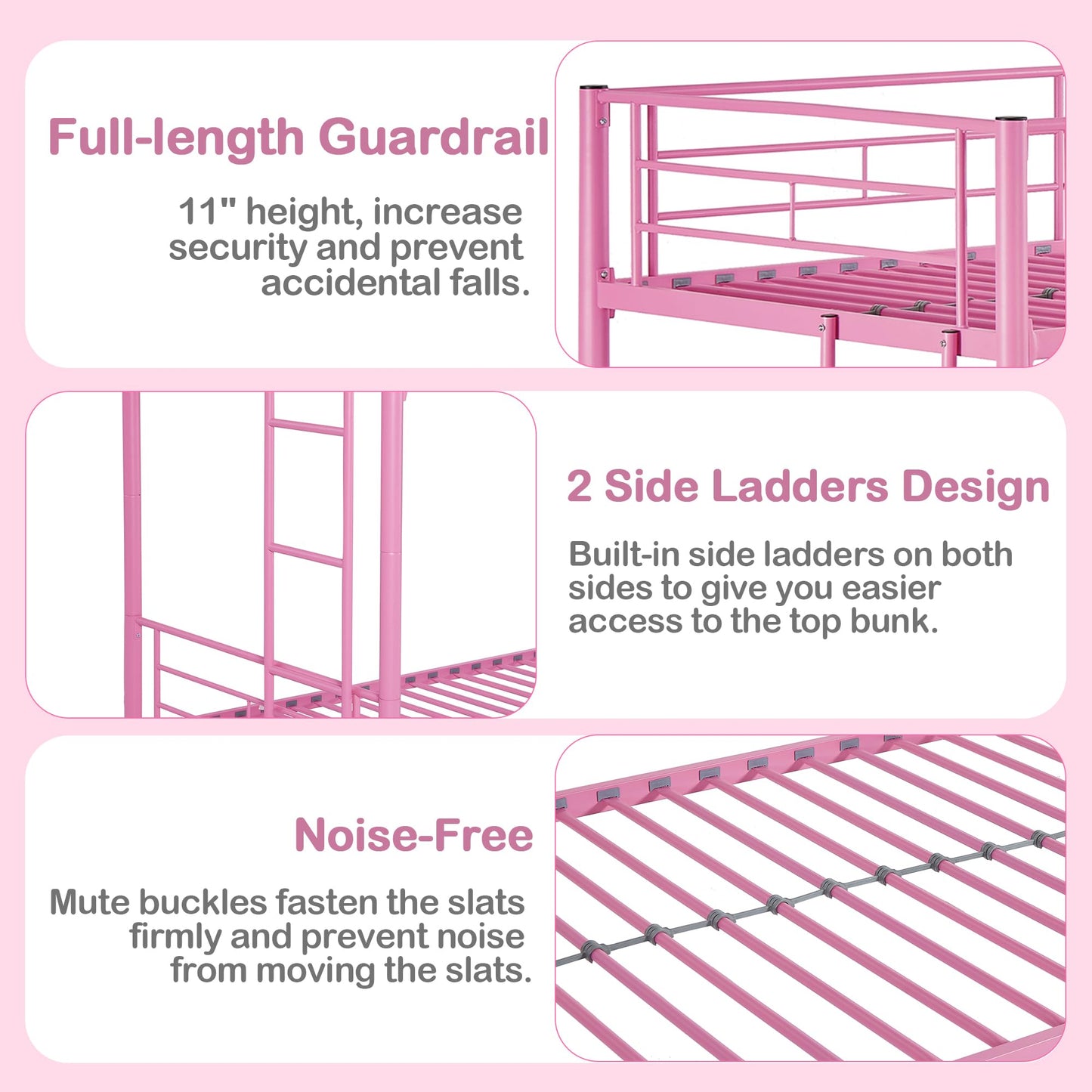 VECELO Bunk Bed Twin Over Twin with Trundle, Metal Bunkbeds with Ladder and Full-Length Guardrail, No Box Spring Needed, Space Saving, Noise Free, Pink