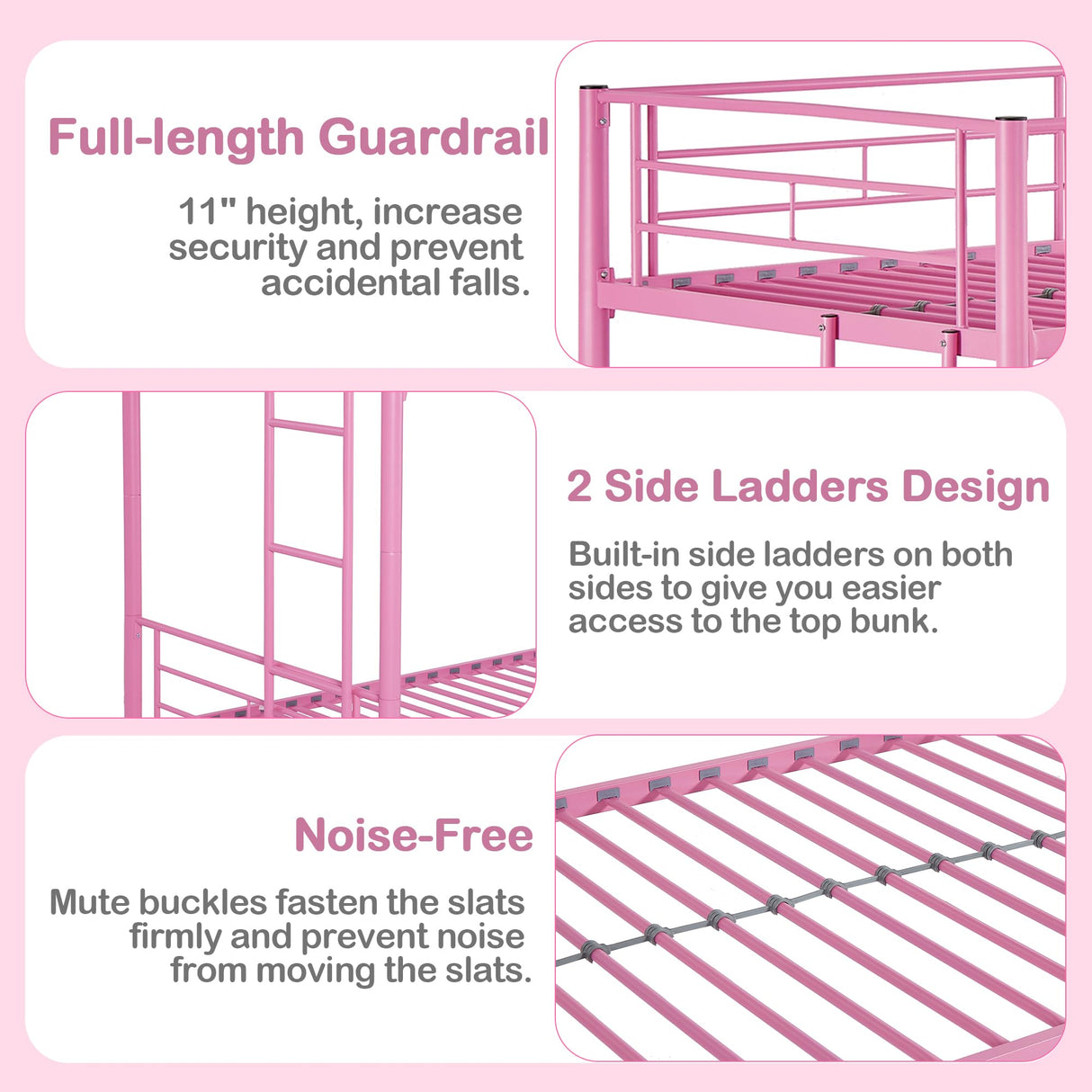 VECELO Metal Bunk Bed Twin Over Twin, Industrial Bunkbeds with Ladder and Full-Length Guardrail, Noise Free, No Boxing Spring Needed, Pink VECELO