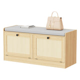 MHOM Rattan Shoe Bench for Entryway, Hallway and Bedroom - Boho Bench With Storage Cabinets and Seat Cushion - Wooden Storage Bench Fits up to Size 16 - Natural Oak MHOM