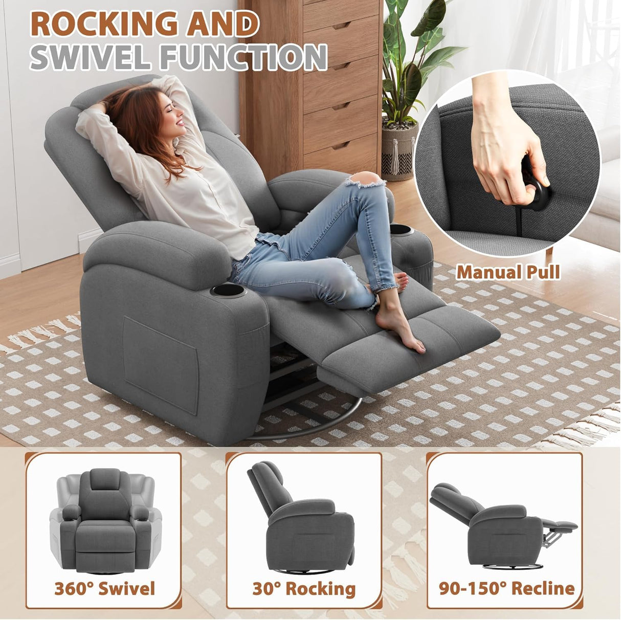 Flamaker Swivel Rocker Recliner Chair with Vibration Massage, 360° Swivel Recliner Chairs for Adults Ergonomic Lounge Chair with Cup Holders Lazy Boy Recliner Single Sofa Seat (Fabric, Gray) Flamaker