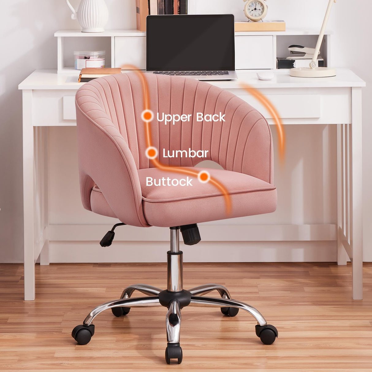 Yaheetech Pink Desk Chair Vanity Chair with Back Home Office Chair Cute Desk Chair Modern Swivel Rolling Chair Computer Chair for Study, Vanity, Bedroom Yaheetech