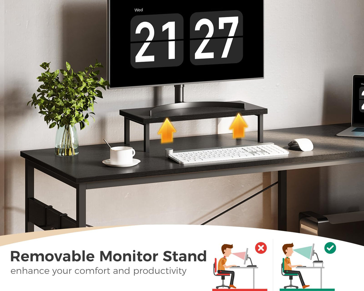 ODK 47 Inch Small L Shaped Computer Desk with Reversible Storage Shelves, L-Shaped Corner Desk with Monitor Stand for Small Space, Modern Simple Writing Study Table for Home Office Workstation, Black ODK