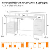Korfile White Computer Desk with Power Outlets & LED Lights, Reversible Gaming Desk with 5 Fabric Storage Drawers, 47" Home Office Desk with Monitor Stand Shelves for Working, Vanity Table for Bedroom Korfile