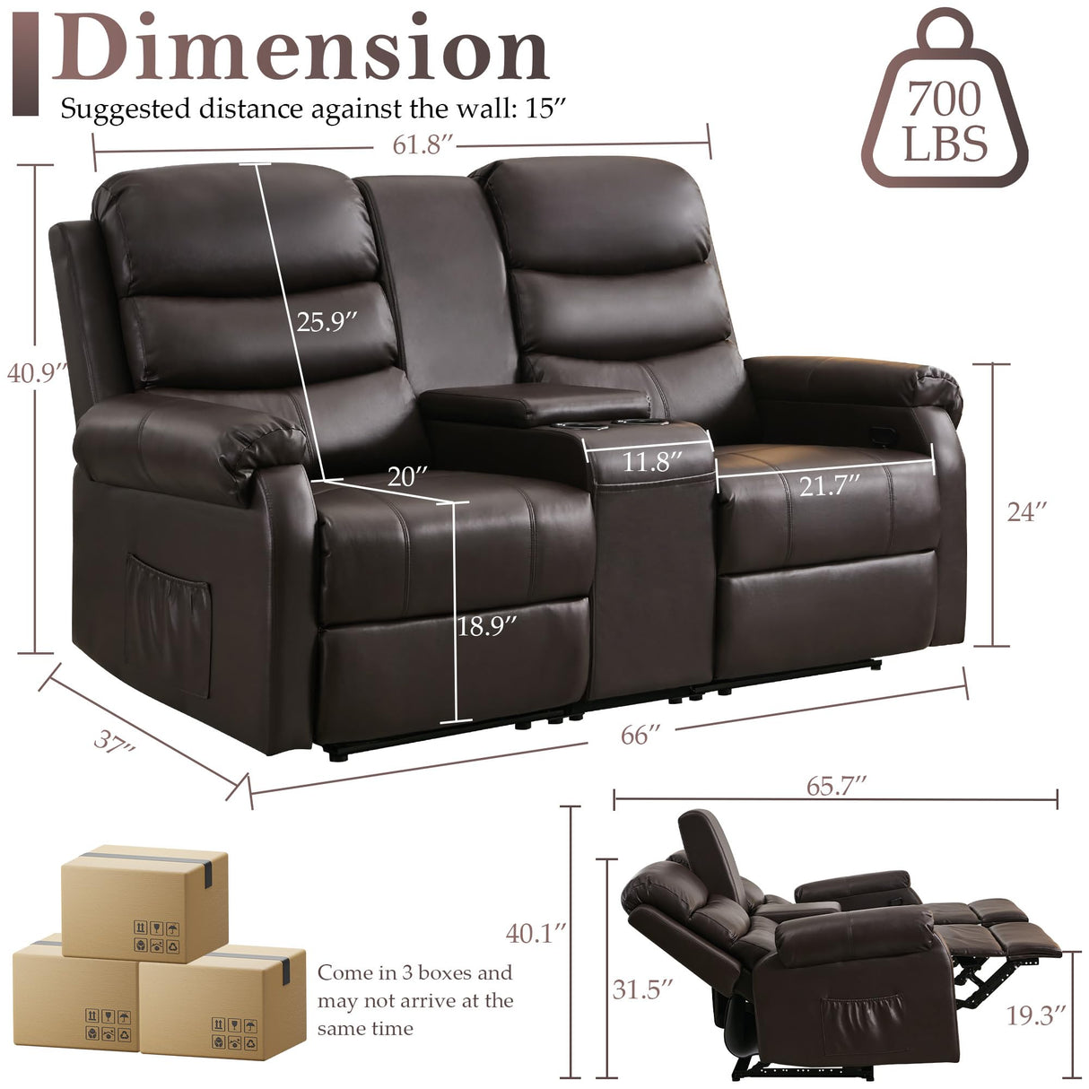 DRMBOOK Reclining Loveseat Sofa, Faux Leather Double Reclining RV Loveseat Couch with Console, Manual 2 Person Recliner, 2 Seater Home Theater Seating with Cup Holders for Living Room (Light Brown) DRMBOOK