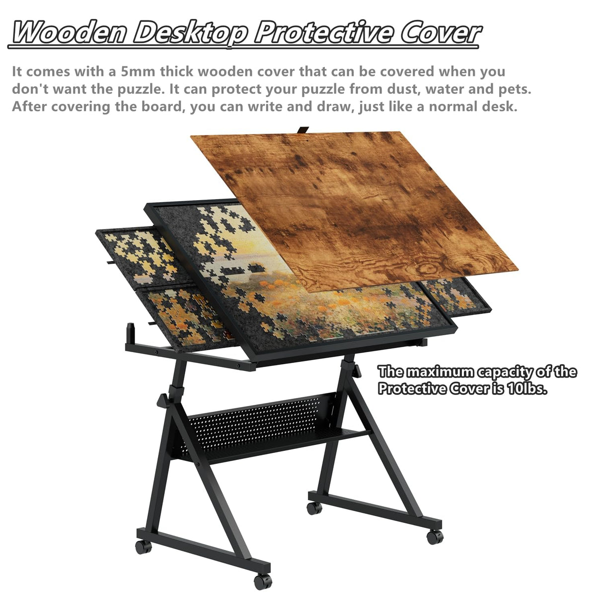 Roockky Height Adjustable Puzzle Tables for Adults with Drawers, 1500 Pieces Jigsaw Puzzle Table with Legs and Wheels, 0-75° Tilting Tabletop, Protective Cover and Storage Shelf, Black Roockky