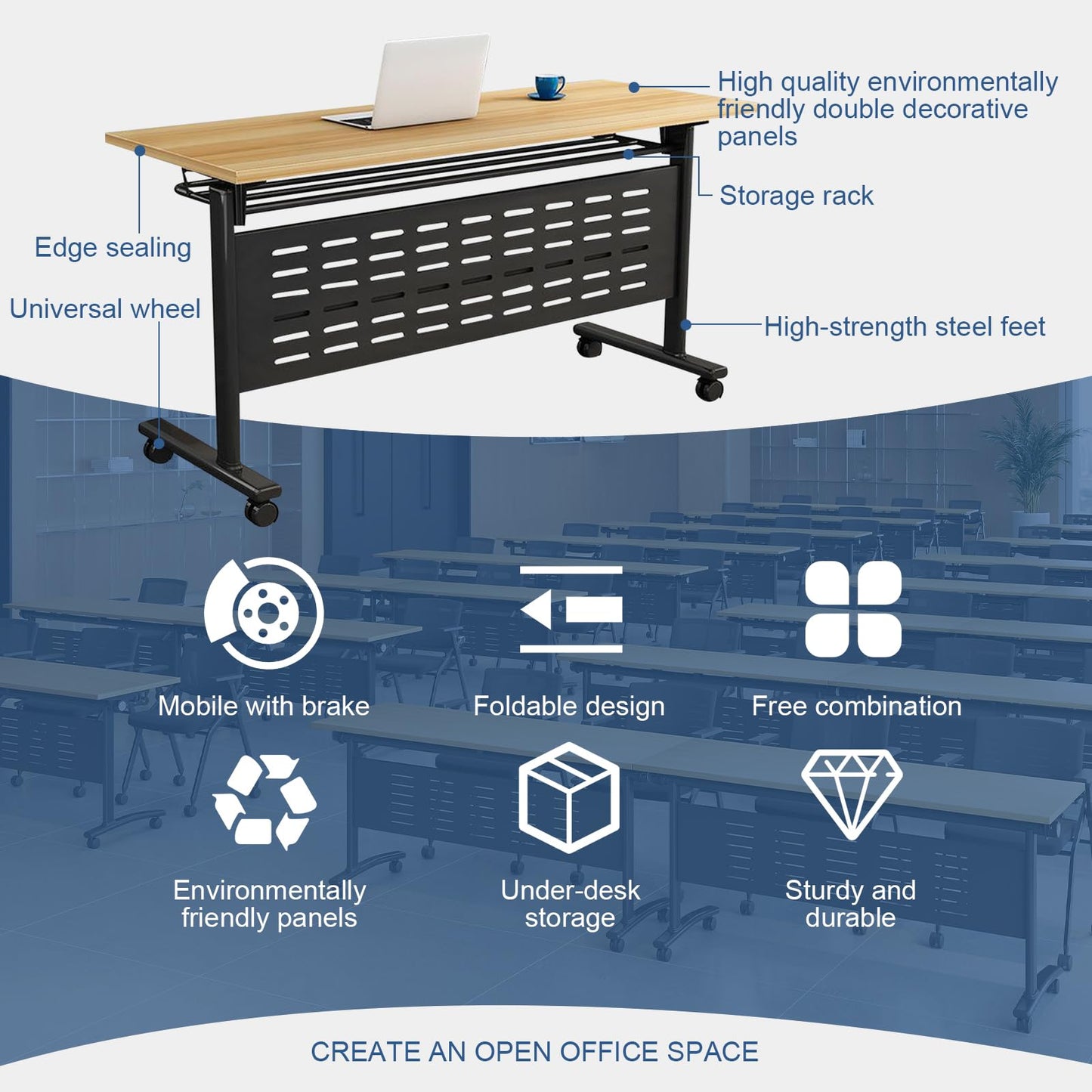 6-Pack Folding Conference Table for 12-16People,Modern Flip Top Training Room Tables with Wheels Save Space Rectangle Office Meeting Table Computer Desk forStudy Writing (6pcs 62.9 * 23.6 * 29.5in)