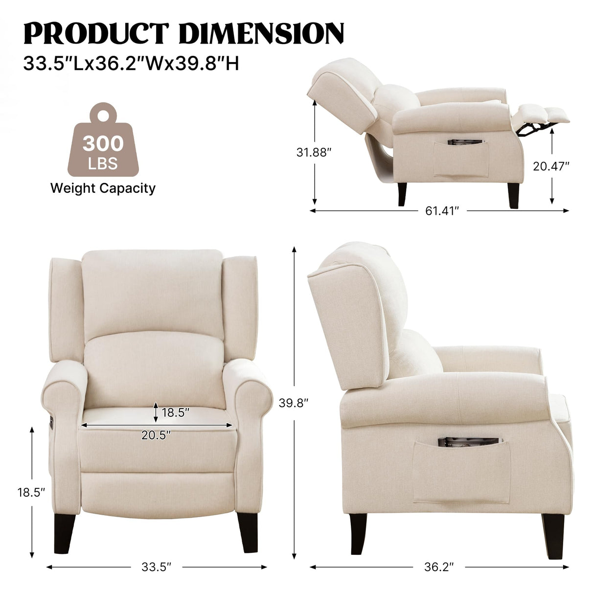 YUUIJOAA Pushback Recliner Chair, Fabric Armchair Push Back Recliner with Adjustable Footrest and Side Pocket, Comfy Wingback Accent Chair Reclining Sofa for Living Room, Bedroom, Beige YUUIJOAA