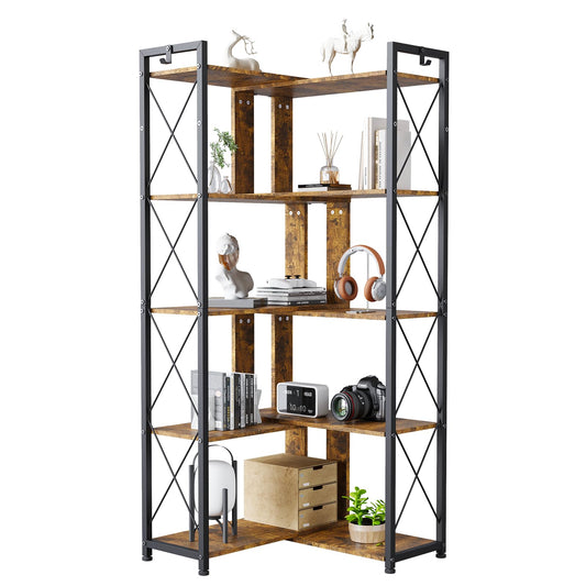 VISTACASA 5-Tier Corner Bookshelf with 6 Hooks - Reversible L-Shaped Industrial Bookcase, 56" Etagere Shelf Storage Rack, Adjustable Shelves and Metal Frame for Living Room, Bedroom, and Home Office