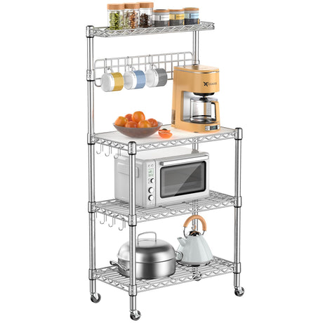 Leteuke Bakers Rack for Kitchen with Storage, NSF Certified 4-Tier Adjustable Coffee Bar with Wheels 10 S-Hooks Microwave Stand Kitchen Storage Shelf Metal Storage Rack 30 x 14 x 59 Inches, Chrome Leteuke