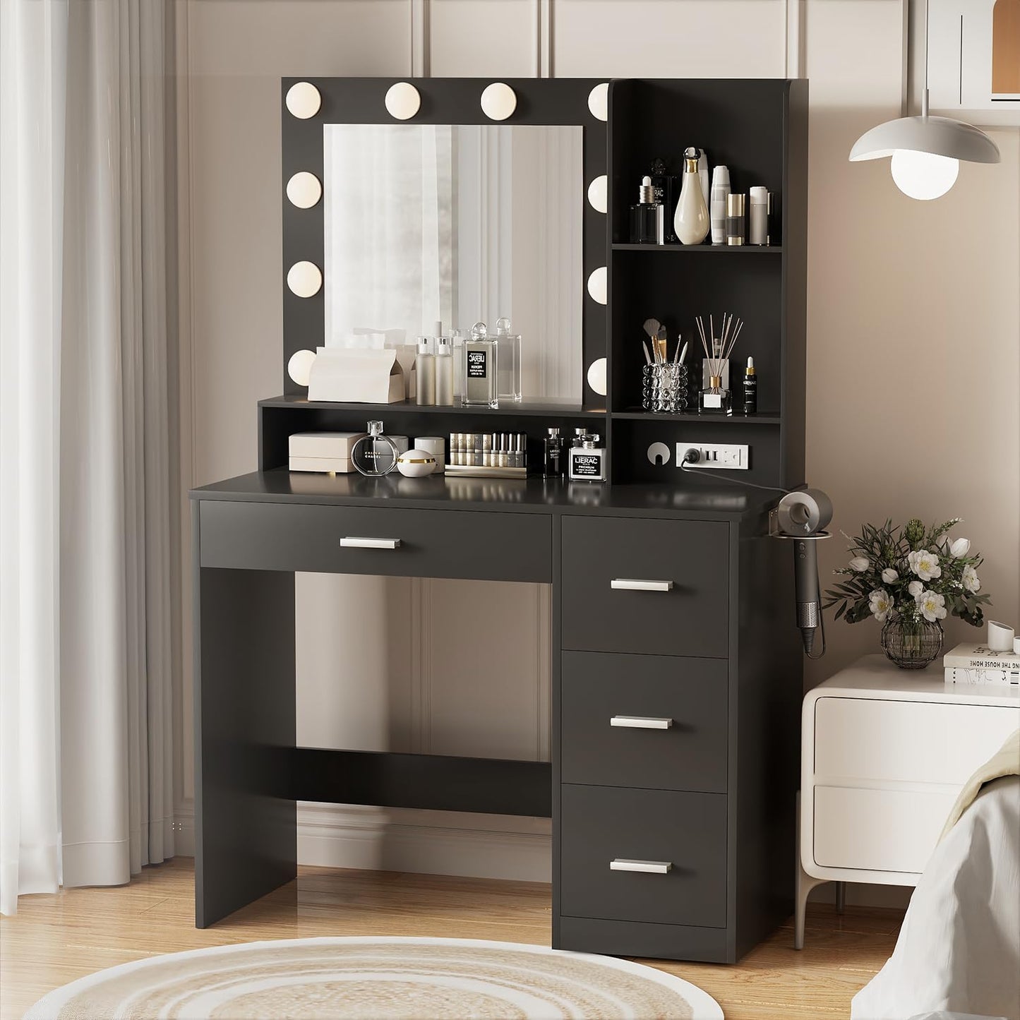 YESHOMY Vanity Desk with Mirror, Power Outlet and 10 Lights, Makeup Table with 4 Drawers, 3 Color Modes Available for Bedroom, Plain Black