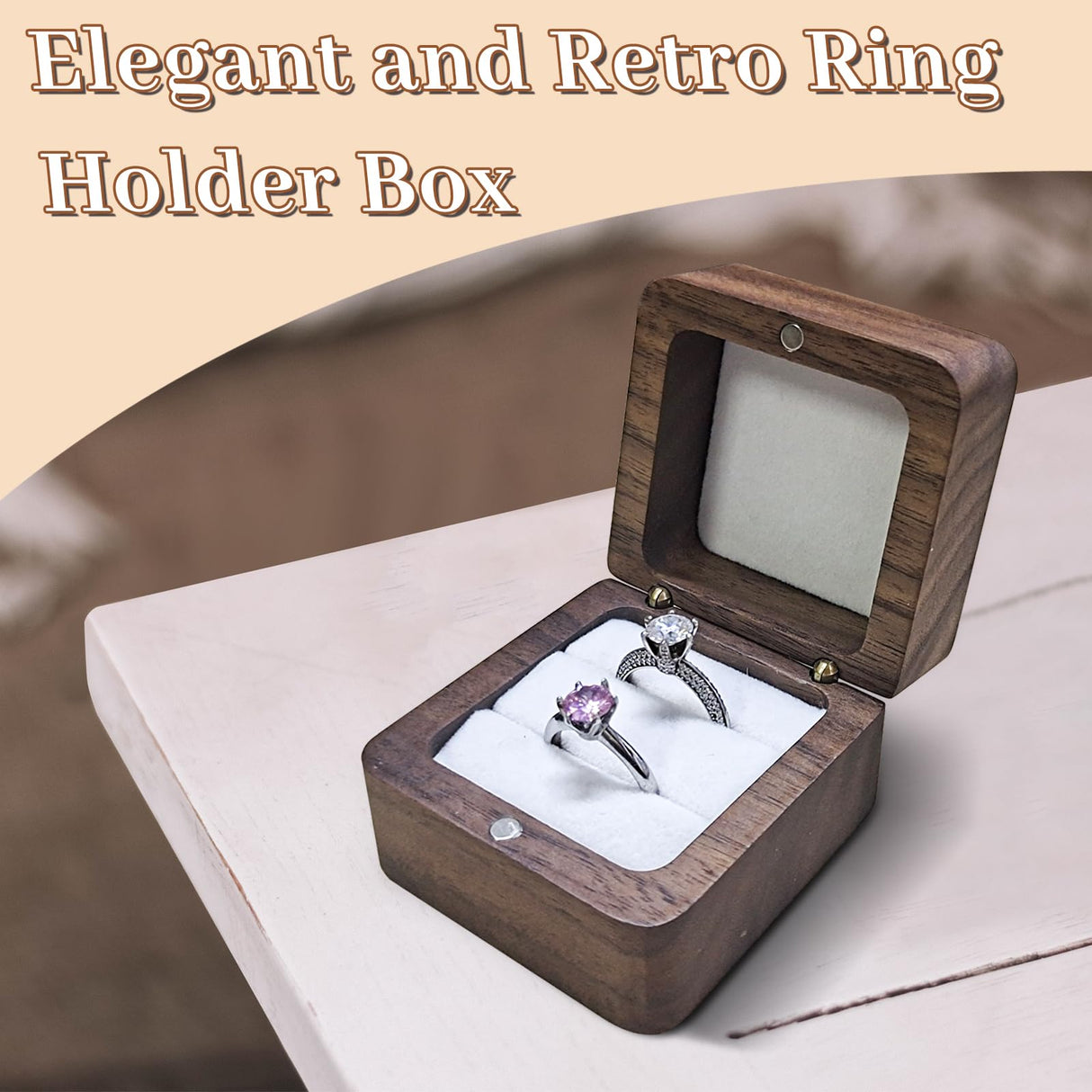 WisePoint Personalized Wooden Ring Box, Mini Engagement Ring Holder Box with Double Slot, Square Wedding Ring Box for Ring, Elegant and Retro Ring Holder Box for Wedding, Ceremony (black) WisePoint