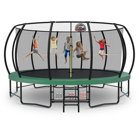 Tatub 16FT Upgrade Trampoline for Kids and Adults, Outdoor Recreational Trampolines with Basketball Hoop & Enclosure Net, Curved Poles & Storage Bag, Pumpkin Trampoline Capacity for 6-8, Green Tatub