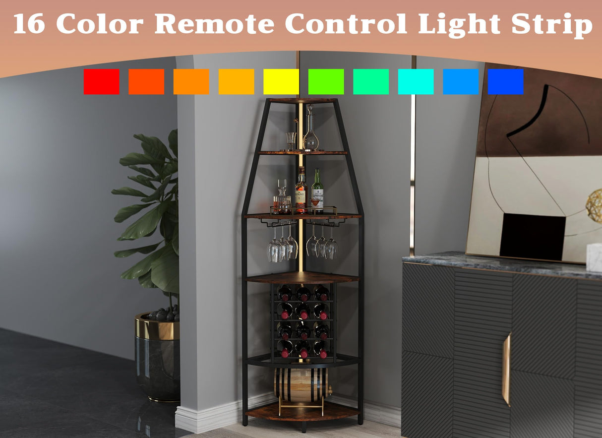 Suuiwau 6-Tier Corner Wine Rack with LED Lights, Floor Standing Wine Storage with Glass Holder, Industrial Metal and Wooden Shelf for Kitchen, Living Room, Dining Room, Home Bar Furniture Suuiwau