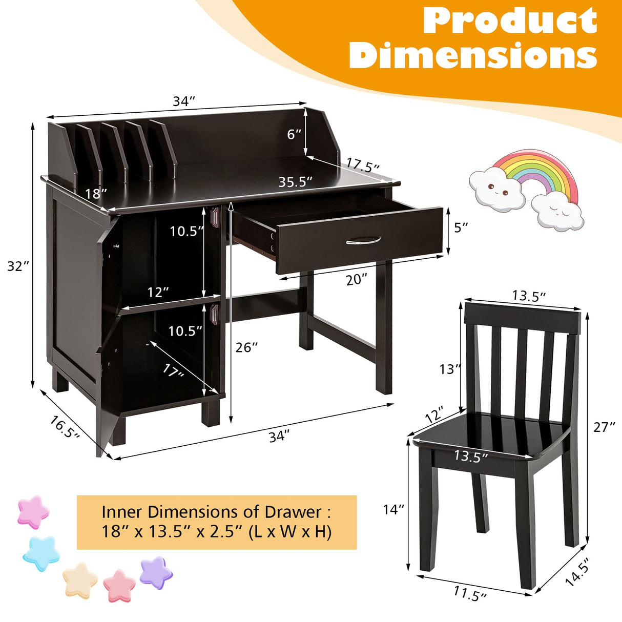 HONEY JOY Kids Desk and Chair Set, Wooden Children School Study Table and Chair w/Drawer, Storage Shelf & Cabinets, Student Computer Workstation Writing Desk for Bedroom, 3-8 Years Old (Dark Brown) HONEY JOY
