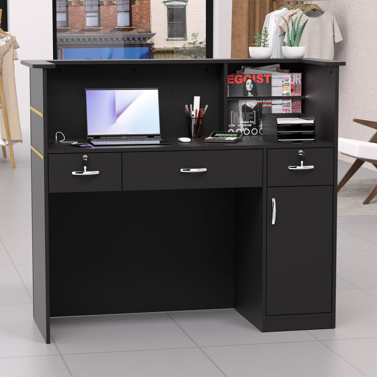 AHB Reception Desk with Counter, Modern Front Table Equipped Lockers & Storage Shelves, 50-inch Checkout Counter with LED Lights & DIY Stripe for Lobbies, Salons, Retail, Home Offices, Reception Room AHB