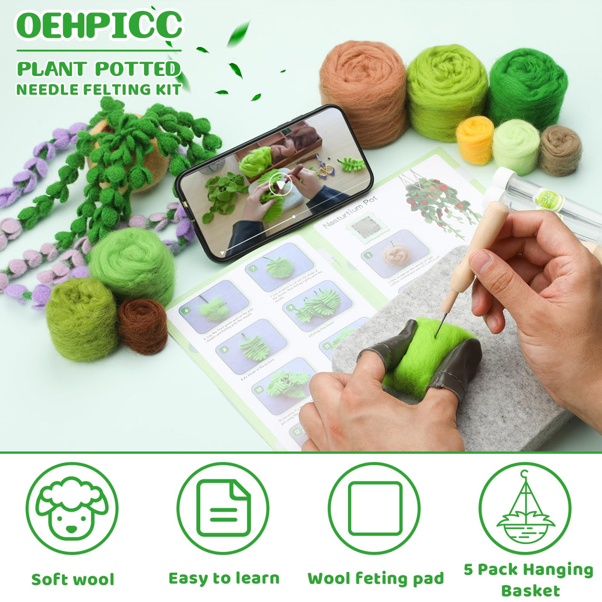 OEHPICC Needle Felting Kit, 5 Pack Hanging Plants Needle Felt Beginner Kit, Including Basic Needle Felting Tools, Instructions, Needle Felt Craft Kit for Indoor Outdoor Office and Home Decor OEHPICC