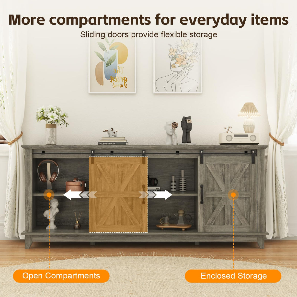 Garvee Home Farmhouse TV Stand for 75 in Television, Wood Entertainment Center with Storage & Barn Doors, Adjustable Shelf Media TV Console Table Cabinet for Living Room, 66 in Large, Grey Garvee