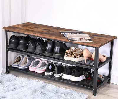 RokiaTek Shoe Bench 3-Tier Shoe Rack 39.4" for Entryway, Storage Organizer Entry Bench with Mesh Shelves Wood Seat for Hallway, Living Room, Steel Frame, Rustic Brown and Black
