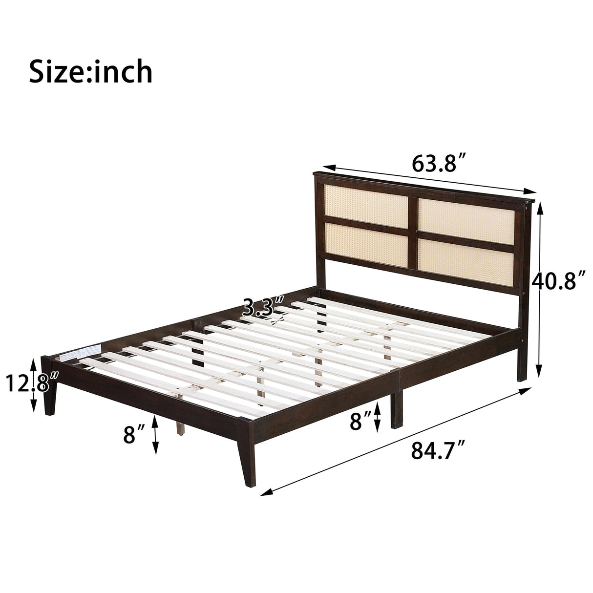 Luxepurilyn Rubber Wood Queen Size Bed Frame, Rattan Bed Frame Queen with Rattan Headboard, Enhanced Support Slats- Rubber Wood, Espresso, No Box Spring Needed Luxepurilyn