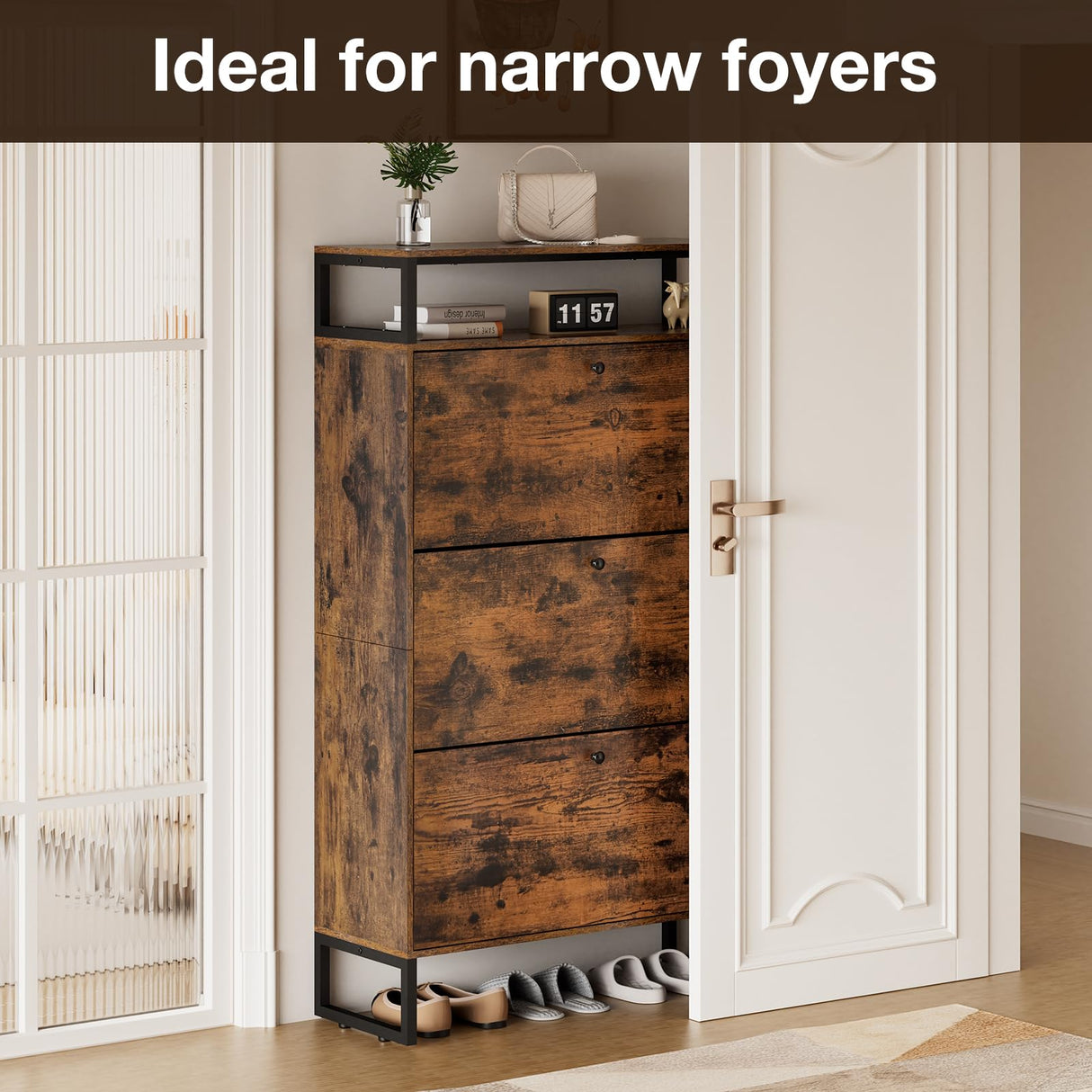 HOMMPA Shoe Storage Cabinet with 3 Flip Drawers, Freestanding Shoe Organizer with Metal Legs for Entryway, Narrow Shoe Rack Cabinet, Rustic Brown, 11.81''D x 31.49''W x 54.17''H HOMMPA