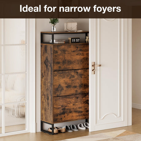 HOMMPA Shoe Storage Cabinet with 3 Flip Drawers, Freestanding Shoe Organizer with Metal Legs for Entryway, Narrow Shoe Rack Cabinet, Rustic Brown, 11.81''D x 31.49''W x 54.17''H HOMMPA