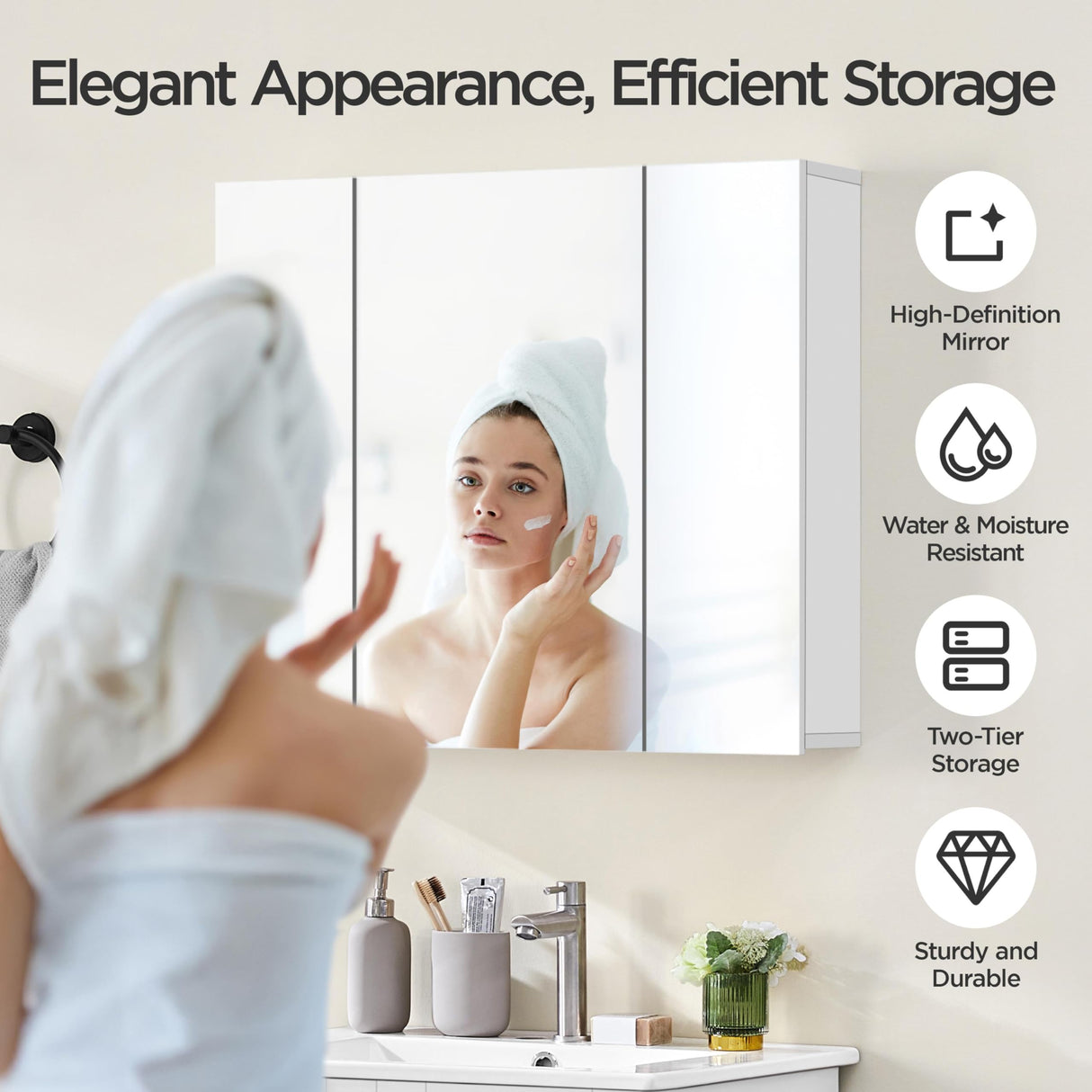 Yaheetech Bathroom Mirror Cabinet with 3 Doors, Wall Mounted Medicine Cabinet with Adjustable Shelf, Storage Cupboard for Living Room, Laundry Room, Mudroom, White Yaheetech