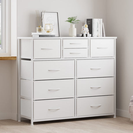 LUMTOK 10-Drawer Dresser, Fabric Storage Dressers Drawers for Bedroom, Hallway, Nursery, Closets, Steel Frame, Wood Top, Easy Pull Handle (White) LUMTOK