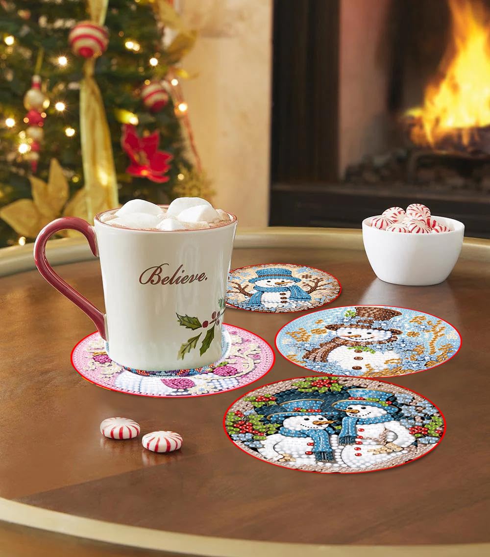 8 Pcs Christmas Diamond Painting Coasters Kits with Holder,DIY Snowman Diamond Art Coaster Kits for Adults & Kids,Paint with Diamonds Coasters Craft Supplies for Holiday Decor Gifts Apcufir