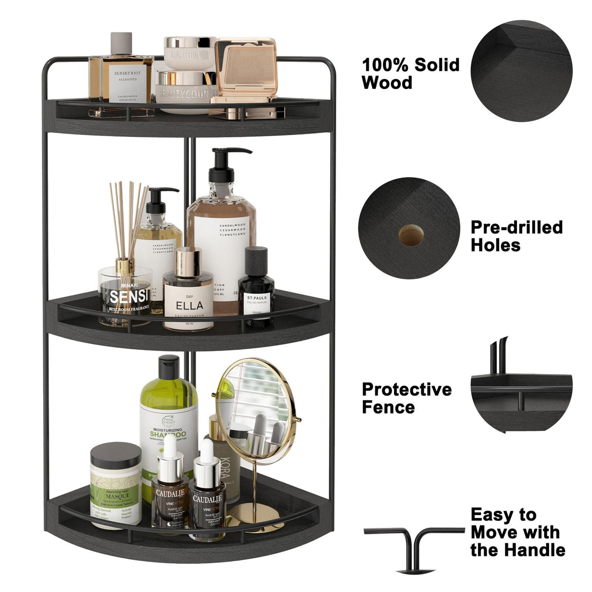 Fixwal Corner Bathroom Counter Organizer, 3 Tier Rustic Bathroom Organizer, Wood Countertop Storage Tray for Vanity, Kitchen, Bedroom (Black) Fixwal
