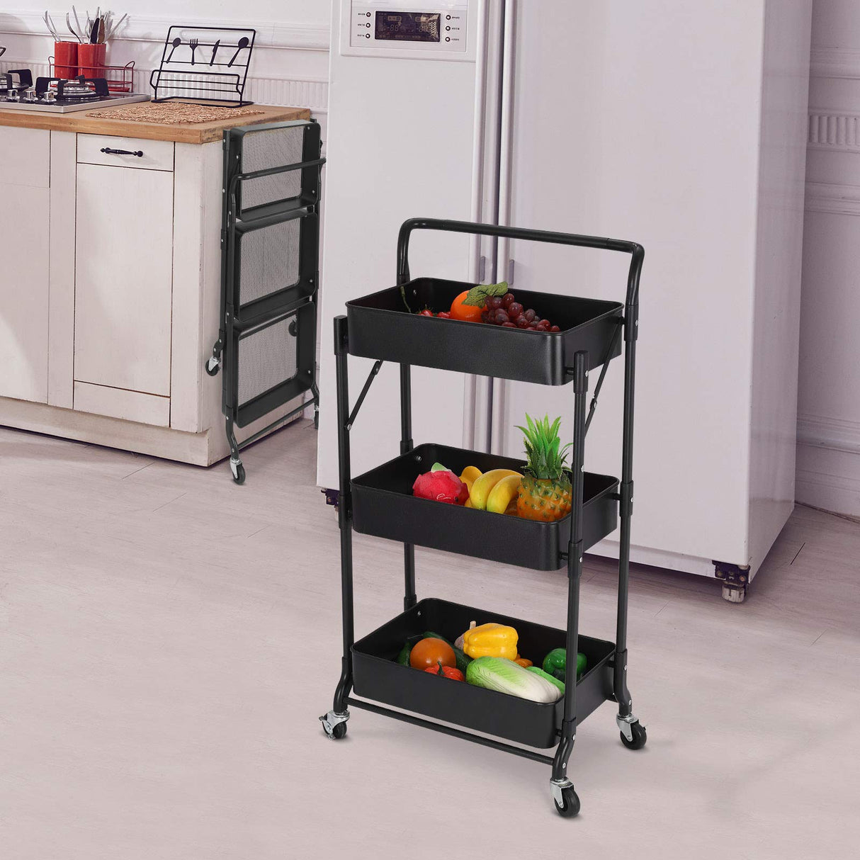 johgee Foldable 3 Tier Metal Utility Rolling Cart, Folding Mobile Multi-Function Storage Trolley Organizer Cart for Home Library Office(Black) johgee