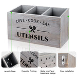 MINCORD Utensil Holder with 3 Compartments, Rustic Utensil Caddy Wood Utensil Crocks for Kitchen Counter, Farmhouse Flatware Utensil Organizer Storage Box for Silverware Fork Spoon Spatula MINCORD