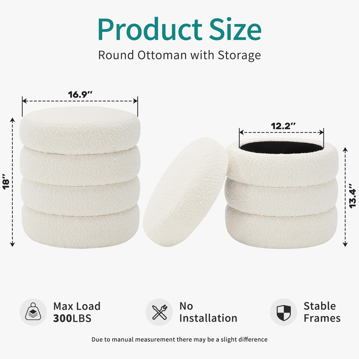 Busaurus Round Ottoman with Storage for Living Room Small Boucle Foot Stool Modern Upholstered Vanity Stool Ottoman Foot Rest for Dorm Corner Home Decor, Set of 1 (White) Busaurus