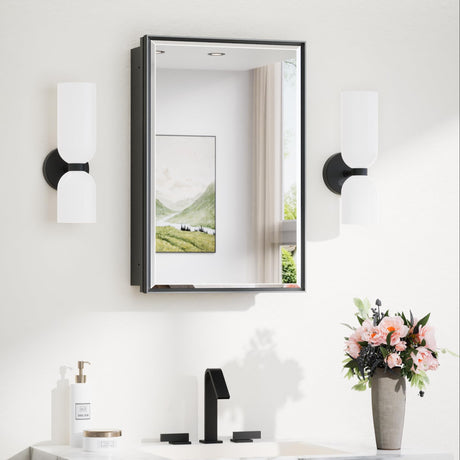 TokeShimi 16x24 Recessed Medicine Cabinet with Mirror, Black Bathroom Medicine Cabinet with Mirror, Bathroom Mirror with Storage, Beveled Aluminum Frame TokeShimi