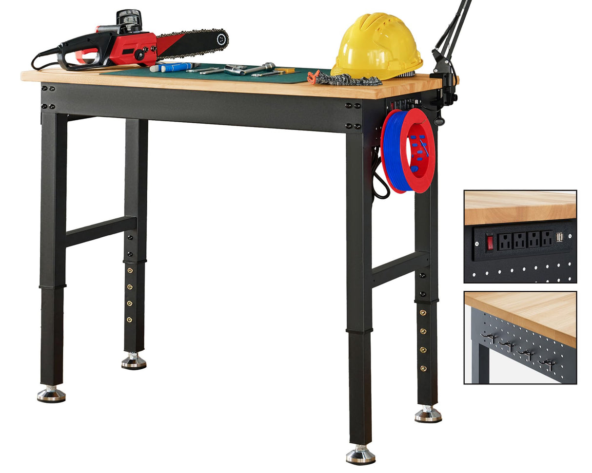 Albott Adjustable Workbench 28.7-38.6" Height, Rubber Wood Top Heavy Duty Workbench with Power Outlets & Hooks, 2000 LB Capacity Workbench for Garage, Workshop, Home & Office Albott
