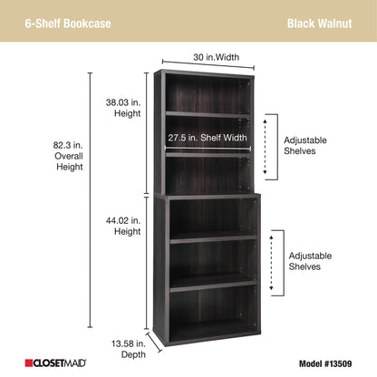 ClosetMaid Bookshelf Tiers, Adjustable Shelves, Tall Bookcase Sturdy Wood with Closed Back Panel, Black Walnut Finish, 6-Shelf Hutch