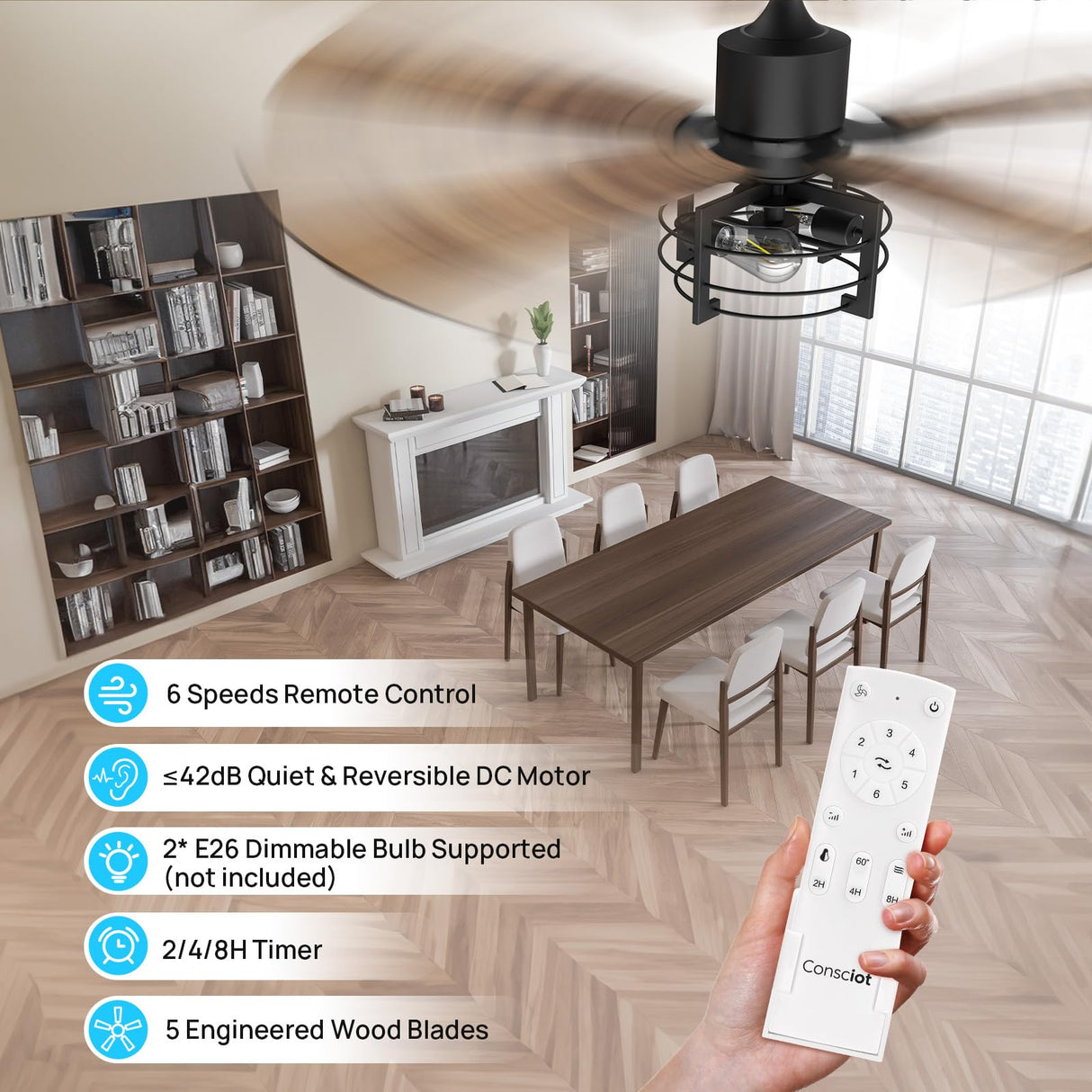 Consciot 52 Inch Ceiling Fan With Lights, Farmhouse Indoor Ceiling Fan With Remote, Quiet Reversible DC Motor, 5 Double Finish Wood Blades, Dimmable 2*E26 Bulbs(not included), Mela Model Consciot