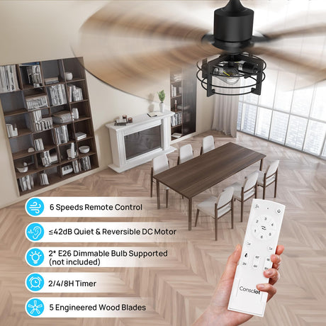 Consciot 52 Inch Ceiling Fan With Lights, Farmhouse Indoor Ceiling Fan With Remote, Quiet Reversible DC Motor, 5 Double Finish Wood Blades, Dimmable 2*E26 Bulbs(not included), Mela Model Consciot