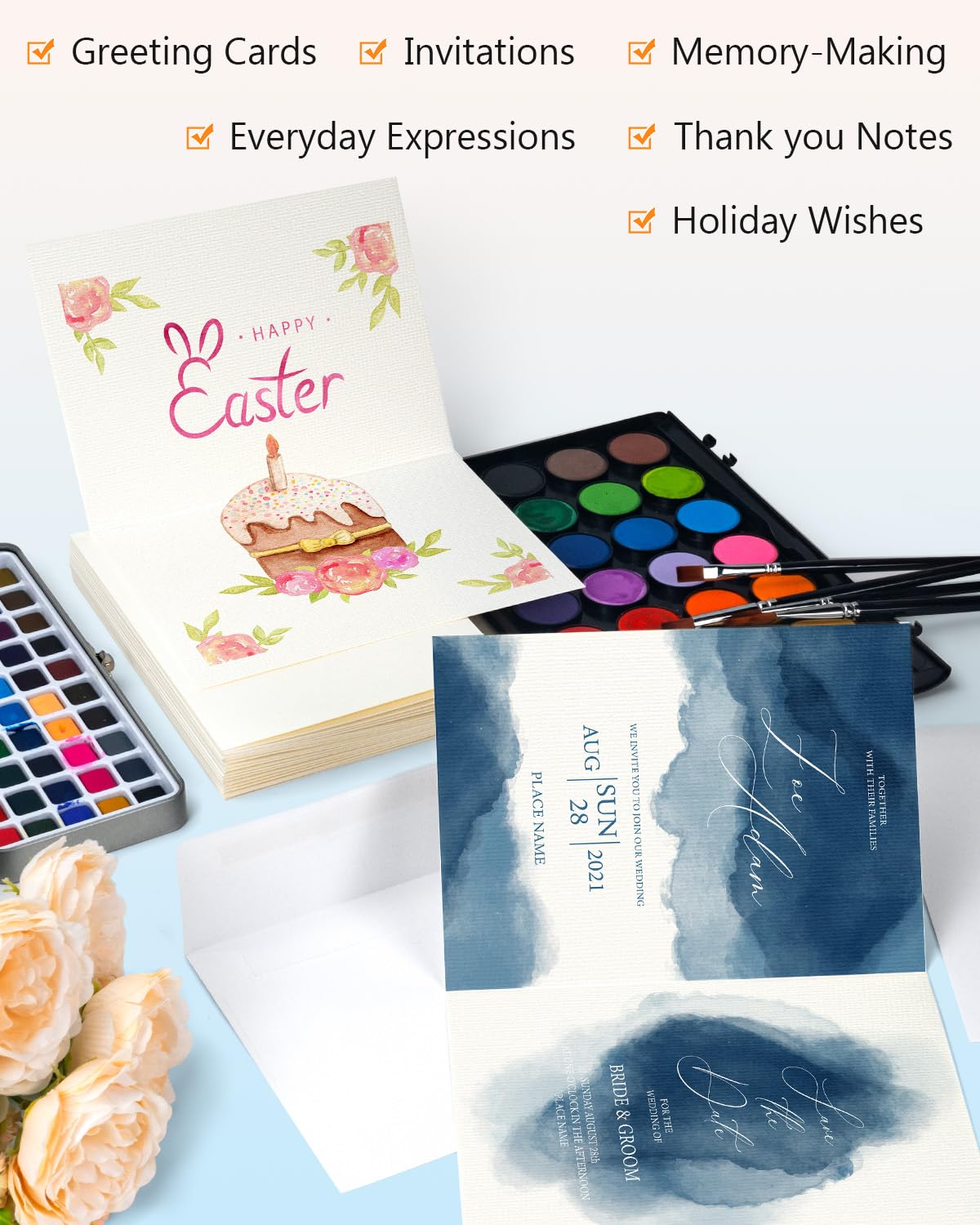 Watercolor Cards and Envelopes Set - 50 Folded 5x7 Inch Blank Heavyweight Paper Cards (140lb/300gsm) with Matching Envelopes for DIY Greeting Cards, Festivals, and Events Lazydrop