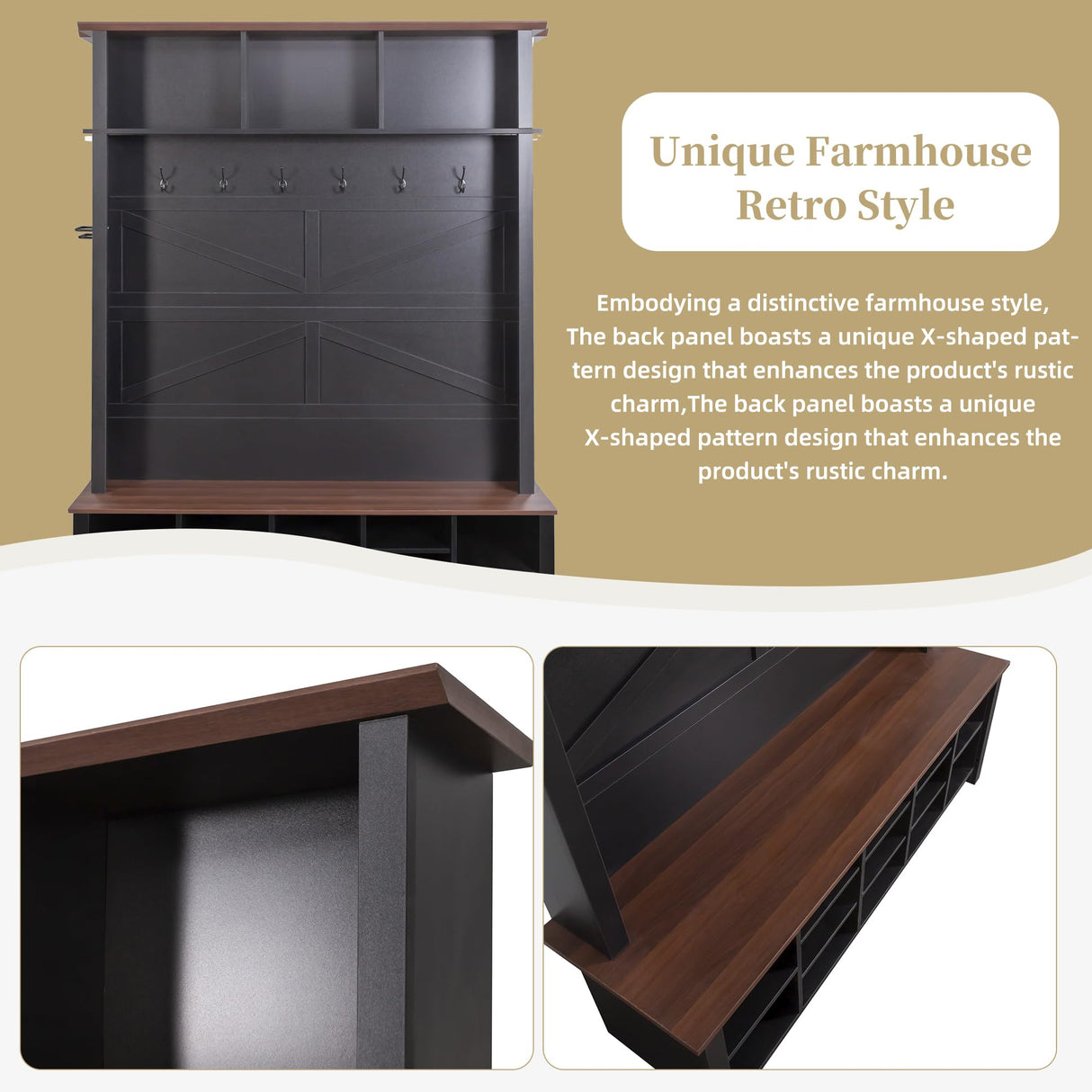 Merax Wood Rustic Hall Tree Entryway Bench with 6 Hooks and Adjustable Shelves, Farmhouse Mudroom Versatile Coat Racks with 16 Open Compartments, Entrance Organizer for Hallway Black Merax