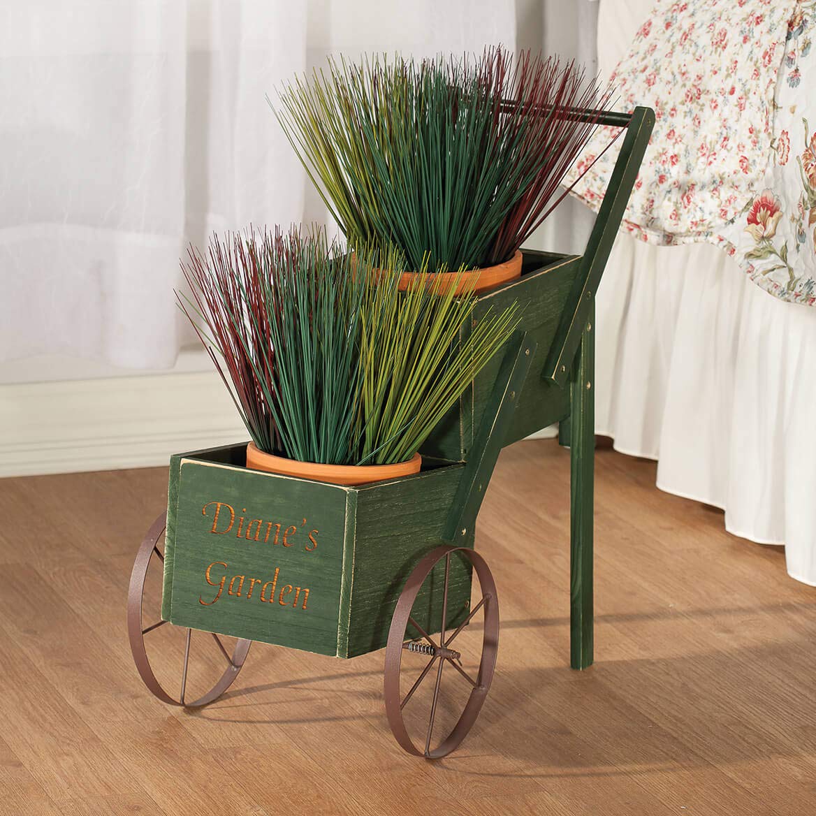 Personalized 2-Tier Garden Trolley Cart, Made of Durable 100% Wood, Metal Hardware, Indoor/Outdoor Décor, Rustic Multi-Use Plant Holder Décor, Green – Measures 15 3/4" Long x 11 1/4" Wide x 21" High