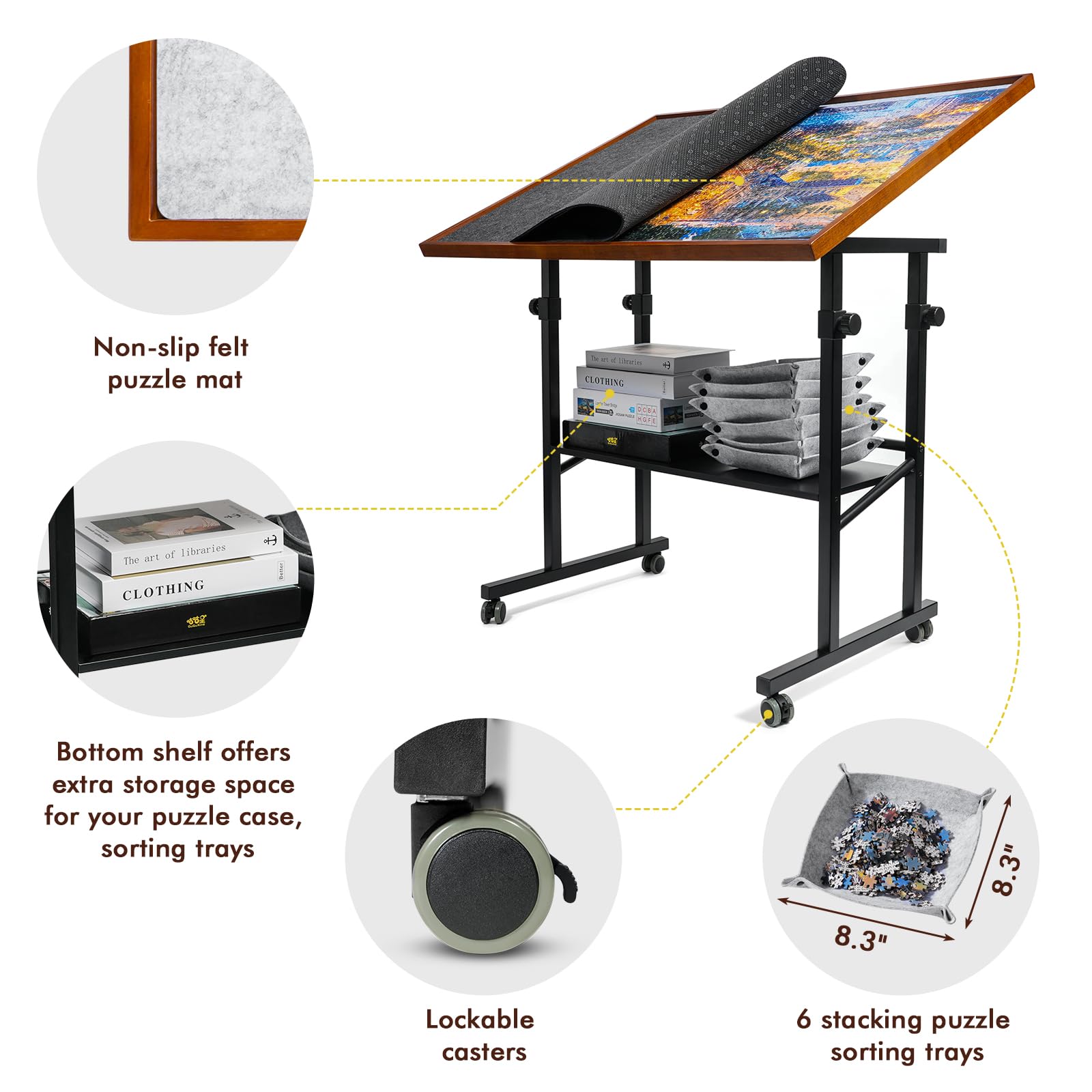 Sunix 1500 Pieces Jigsaw Puzzle Table with Legs, 36"x26" Adjustable Height Puzzle Board with Cover & 6 Sorter Tray, 12-Tilting-Angle Portable Wooden Puzzle Table for Adults, Enclosed with Whe - WoodArtSupply