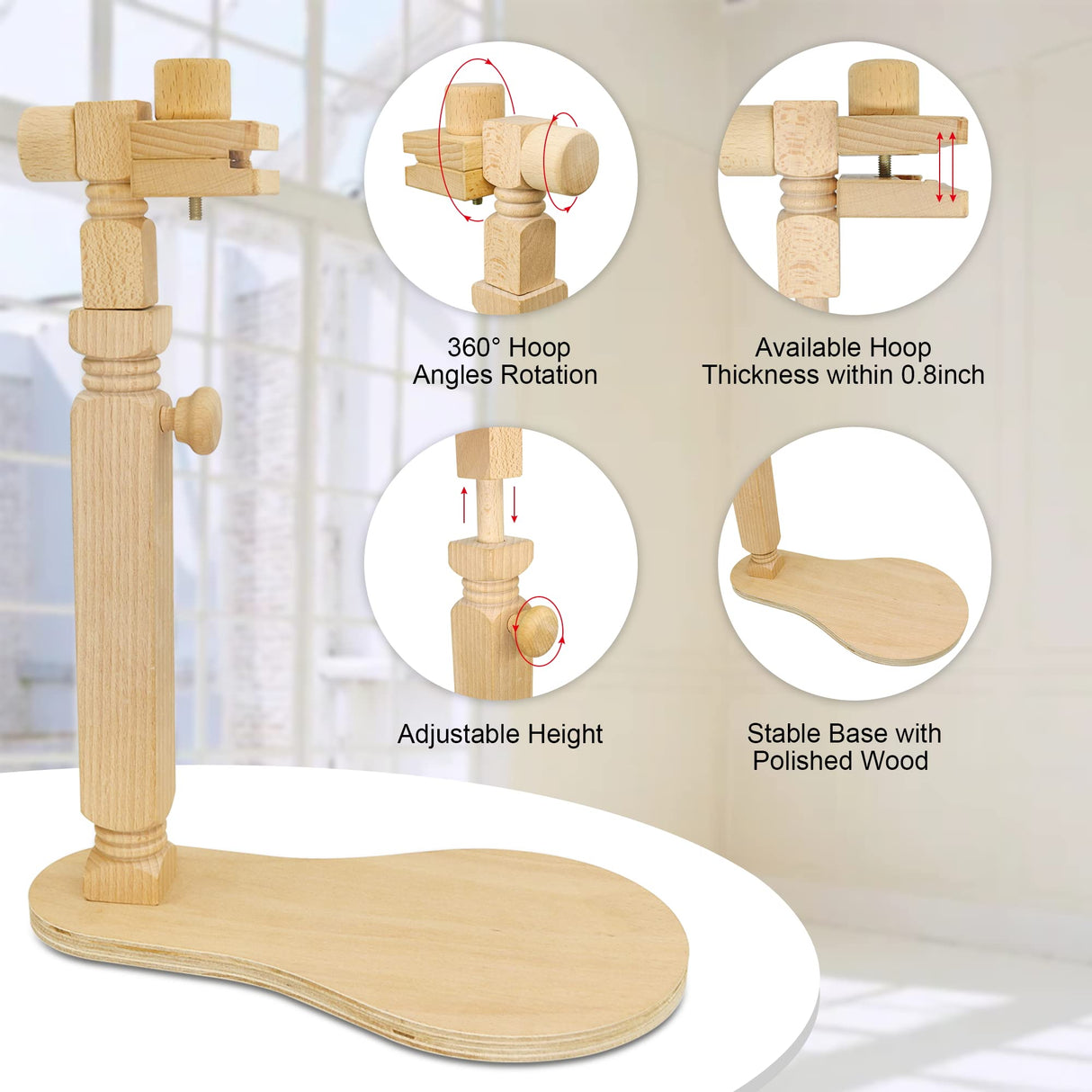 Adjustable Embroidery Hoop Stand Cross Stitch Stand Lap, Beech Wood Embroidery Hoop Holder Frame, Rotated Needlepoint Frame Stand for Art Craft Sewing Needlework Projects guofa